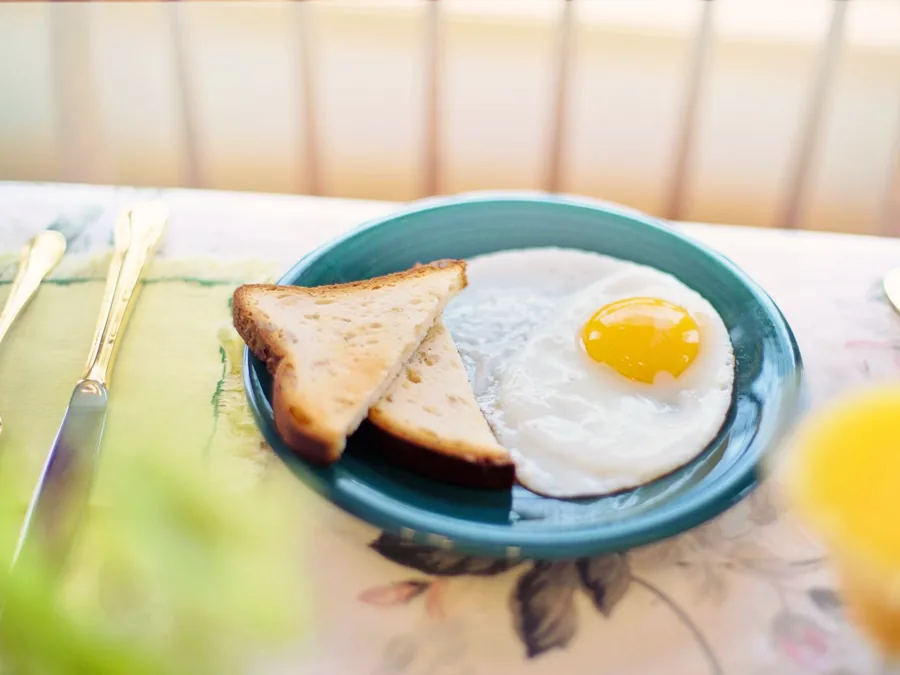 A fried egg and toast on a plate, a simple cooked breakfast